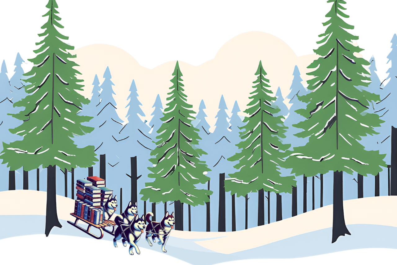 Pine trees in a snowy setting with colorful clouds. Husky dogs are in the foreground pulling a sled full of books.