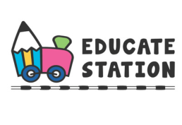 A crayon in the shape of a train running along tracks. Text says Educate Station.